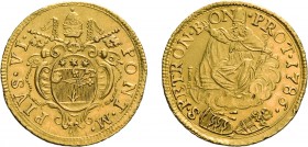 MONETE PAPALI. PIO VI (1775-1799). 2 ZECCHINI 1786
Bologna. Oro, 6,87 gr, 24,5 mm, meglio di BB. Molto Rara.
D: PIVS·VI·PONT· ; M· Stemma sormontato...