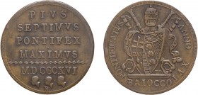 MONETE PAPALI. PIO VII (1800-1823). BAIOCCO 1816 A. XVI
Roma. Rame, 11,33 gr, 32 mm. Rara, buon BB
D: PIVS // SEPTIMVS // PONTIFEX // MAXIMVS // lin...