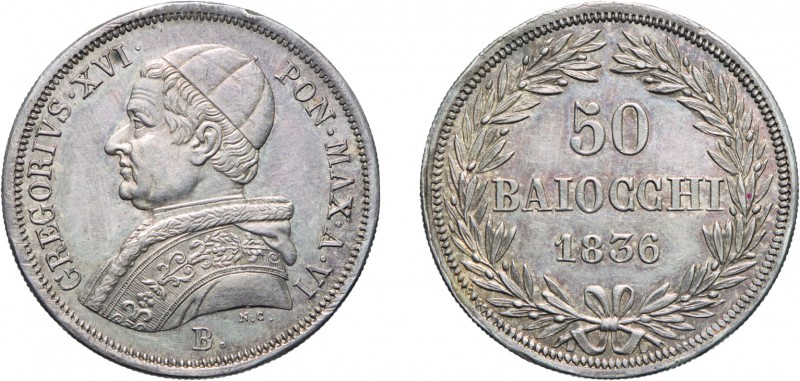 MONETE PAPALI.GREGORIO XVI (1831-1846). 50 BAIOCCHI 1836 A. VI
Bologna. Argento...