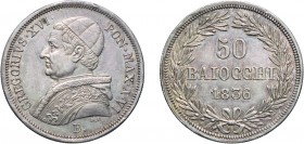 MONETE PAPALI.GREGORIO XVI (1831-1846). 50 BAIOCCHI 1836 A. VI
Bologna. Argento, 13,40 gr, 31 mm. Rara, SPL
D: Busto a sinistra, con zucchetto, mozz...
