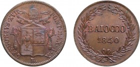 MONETE PAPALI. GREGORIO XVI (1831-1846). BAIOCCO 1840 A. X
Bologna. Rame, 10,40 gr, 30 mm. Rara, quasi FDC
D: Stemma su chiavi, sormontata da tiara....