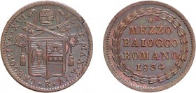 MONETE PAPALI. GREGORIO XVI (1831-1846). MEZZO BAIOCCO 1834 A. IV
Bologna. Rame, 6,01 gr, 23 mm. Rara. Bel SPL
D: Stemma sormontato da triregno e ch...
