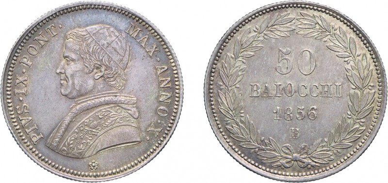 MONETE PAPALI. PIO IX (1846-1878). 50 BAIOCCHI 1856 A. X
Bologna. Argento, 13,4...