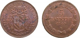 MONETE PAPALI. PIO IX (1846-1878). 5 BAIOCCHI 1849 A. IV
Bologna. Rame, 40,35 gr, 40 mm. Rara, SPL
D: PIVS IX PONT MAXIMVS ANN IV Stemma sormontato ...