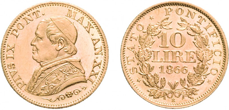 MONETE PAPALI. PIO IX (1846-1878). 10 LIRE 1866 A. XXI
Oro, 3,23 gr, 19 mm. Rar...