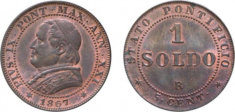 MONETE PAPALI. PIO IX (1846-1878). SOLDO 1867 A. XXI
Roma. Rame, 5,21 gr, 25 mm...