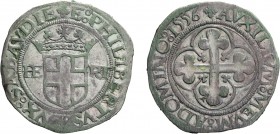 SAVOIA. EMANUELE FILIBERTO (1553-1580). 4 GROSSI 1556
Mistura, 5,55 gr, 27 mm, qBB.
D: + E PHILIBERTVS DVX SABAUDIE Scudo sabaudo con corona di 5 fi...