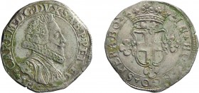 SAVOIA. CARLO EMANUELE I (1580-1630). DUE FIORINI 
del IV tipo. Vercelli. Argento/mistura, 6,18 gr, 27 mm, BB.
D: CAR EM D G DVX SAB P PED E C Busto...