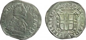 SAVOIA. CARLO EMANUELE I (1580-1630). FIORINO 
del III tipo. Torino (?). Argento/mistura, 4,12 gr, 22 mm, BB. Rara
D: CAR EM D G DVX SAB PP Busto co...