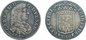 SAVOIA. CARLO EMANUELE II (1648-1675). LIRA NUOVA 1675
Argento, 5,88 gr, 26 mm, buon MB.
D: CAR EM II D G DVX SAB Busto del duca a destra.
R: PRIN ...