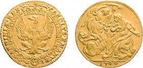 SAVOIA. CARLO EMANUELE III (1730-1755). ZECCHINO 1744
Oro, 3,44 gr, 21 mm, migliore di BB. Molto Rara.
D: CAROLVS EMANVEL D G SARDINAE REX Aquila a ...