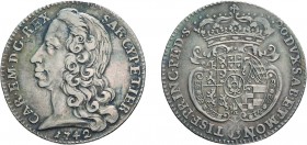 SAVOIA. CARLO EMANUELE III (1730-1755). LIRA 1742
Argento, 5,56 gr, 26mm, graffi, BB. Rara.
D: Testa nuda a sinistra. sotto 1742.
R: Scudo completo...