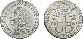 SAVOIA. CARLO EMANUELE III (1730-1755). 5 SOLDI 1745
del III tipo. Mistura, 3,96 gr, 24 mm, buon MB.
D: Testa nuda a sinistra. Sotto, la data.
R: S...