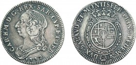 SAVOIA. CARLO EMANUELE III (1755-1773). UN QUARTO DI SCUDO NUOVO 1772
Argento, 8,56 gr, 30 mm, graffi al rovescio, qBB. 
D: Semibusto del re a sinis...