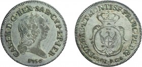 SAVOIA. CARLO EMANUELE III (1755-1773). SOLDI 7,6 1757
Mistura, 4,90 gr, 26 mm, graffi, BB.
D: Testa del re a destra. Sotto, la data.
R: In scudo o...