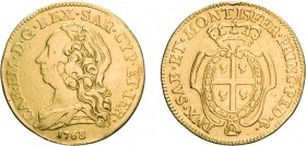 SAVOIA. CARLO EMANUELE III (1755-1773). CARLINO SARDO 1768
Oro, 15,82 gr, 30 mm, buon MB. Estremamente Rara.
D: Semibusto del re a sinistra. Sotto, ...