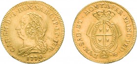 SAVOIA. CARLO EMANUELE III (1755-1773). DOPPIETTA SARDA 1770
Oro, 3,18 gr, 22 mm, piccoli colpetti al diritto, qSPL.
D: Semibusto del re a sinistra....