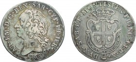 SAVOIA. CARLO EMANUELE III (1755-1773). SCUDO SARDO 1768
Argento, 23,25 gr, 37 mm, MB. Rara
D: Testa del re a sinistra. Sotto, la data.
R: Scudo sa...