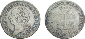 SAVOIA. CARLO EMANUELE III (1755-1773). UN QUARTO DI SCUDO SARDO 1770
Argento, 5,76 gr, 27 mm, piacevole MB.
D: Testa del re a sinistra. Sotto, la d...