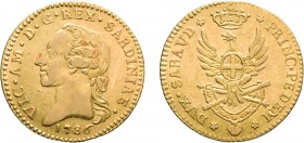 SAVOIA. VITTORIO AMEDEO III (1773-1796). DOPPIA NUOVA 1786
Oro, 9,12 gr, 25 mm, migliore di BB, qSPL.
D: Testa del re a sinistra. Sotto, la data.
R...