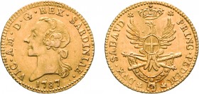 SAVOIA. VITTORIO AMEDEO III (1773-1796). MEZZA DOPPIA NUOVA 1787
Oro, 4,56 gr, 20 mm, SPL. Rara.
D: Testa del re a sinistra. Sotto, la data.
R: Aqu...