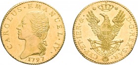 SAVOIA. CARLO EMANUELE IV (1796-1802). DOPPIA 1797
Oro, 9,07 gr, 25 mm, SPL. Rara.
D: Testa del re a sinistra. Sotto, la data.
R: Aquila spiegata e...
