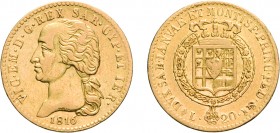 SAVOIA. VITTORIO EMANUELE I (1802-1821). 20 LIRE 1816 
Torino. Oro, 6,37 gr, 21 mm, colpetti, BB. Molto Rara.
D: Testa nuda a sinistra
R: Stemma co...