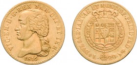 SAVOIA. VITTORIO EMANUELE I (1802-1821). 20 LIRE 1816 
Torino. Oro, 6,38 gr, 21 mm, colpetti, qBB. Molto Rara.
D: Testa nuda a sinistra
R: Stemma c...