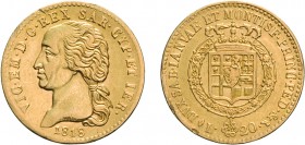 SAVOIA. VITTORIO EMANUELE I (1802-1821). 20 LIRE 1818 
Torino. Oro, 6,40 gr, 21 mm, colpetti, BB. Rara.
D: Testa nuda a sinistra
R: Stemma completo...