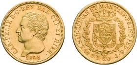SAVOIA. CARLO FELICE (1821-1831). 80 LIRE 1828
Genova. Oro, 25,78 gr, 33 mm, segnetti, qSPL.
D: CAR . FELIX . D . G . REX SAR . CYP . ET HIER Testa ...