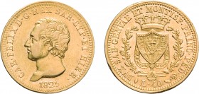 SAVOIA. CARLO FELICE (1821-1831). 40 LIRE 1825
Torino. Oro, 12,86 gr, 26 mm, segnetti, BB.
D: CAR . FELIX . D . G . REX SAR . CYP . ET HIER Testa nu...