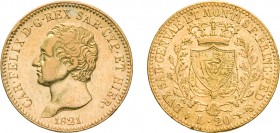 SAVOIA. CARLO FELICE (1821-1831). 20 LIRE 1821
Torino. Oro, 6,42 gr, 21 mm, segnetti, BB. Rara.
D: CAR . FELIX . D . G . REX SAR . CYP . ET HIER Tes...
