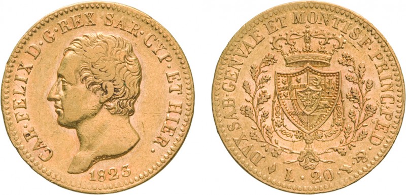 SAVOIA. CARLO FELICE (1821-1831). 20 LIRE 1823
Torino. Oro, 6,44 gr, 21 mm, seg...