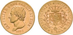 SAVOIA. CARLO FELICE (1821-1831). 20 LIRE 1823
Torino. Oro, 6,44 gr, 21 mm, segnetti, BB. 
D: CAR . FELIX . D . G . REX SAR . CYP . ET HIER Testa nu...