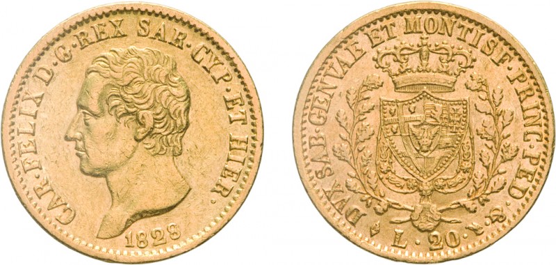 SAVOIA. CARLO FELICE (1821-1831). 20 LIRE 1828
Torino. Oro, 6,43 gr, 21 mm, seg...