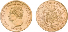 SAVOIA. CARLO FELICE (1821-1831). 20 LIRE 1829
Genova. Oro, 6,39 gr, 21 mm, segnetti, qSPL. 
D: CAR . FELIX . D . G . REX SAR . CYP . ET HIER Testa ...