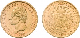 SAVOIA. CARLO FELICE (1821-1831). 20 LIRE 1830
Torino. Oro, 6,43 gr, 21 mm, segnetti, SPL. 
D: CAR . FELIX . D . G . REX SAR . CYP . ET HIER Testa n...