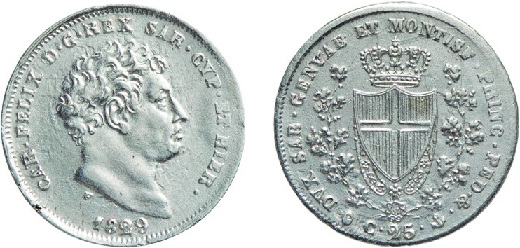 SAVOIA. CARLO FELICE (1821-1831). 25 CENTESIMI 1829
Genova. Argento, 1,24 gr, 1...
