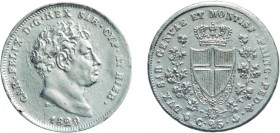 SAVOIA. CARLO FELICE (1821-1831). 25 CENTESIMI 1829
Genova. Argento, 1,24 gr, 15 mm, SPL. Rara.
D: CAR . FELIX D . G . REX SAR . CYP . ET HIER . Tes...