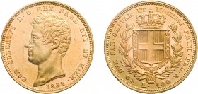 SAVOIA. CARLO ALBERTO (1831-1849). 100 LIRE 1832
Genova. Oro, 32,29 gr, 34 mm, qSPL.
D: CAR . ALBERTVS. D . G . REX SARD . CYP . ET HIER Testa nuda ...