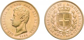 SAVOIA. CARLO ALBERTO (1831-1849). 50 LIRE 1836
Torino. Oro, 16,10 gr, 27 mm, qSPL. Molto Rara.
D: CAR . ALBERTVS. D . G . REX SARD . CYP . ET HIER ...