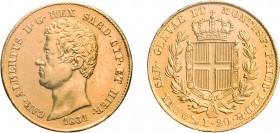 SAVOIA. CARLO ALBERTO (1831-1849). 20 LIRE 1831
Genova. Oro, 6,43 gr, 21 mm, BB. Rara.
D: CAR . ALBERTVS. D . G . REX SARD . CYP . ET HIER Testa nud...