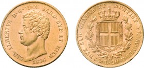 SAVOIA. CARLO ALBERTO (1831-1849). 20 LIRE 1835
Genova. Oro, 6,43 gr, 21 mm, migliore di BB, qSPL.
D: CAR . ALBERTVS. D . G . REX SARD . CYP . ET HI...