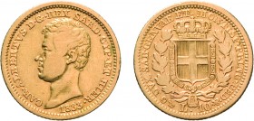 SAVOIA. CARLO ALBERTO (1831-1849). 10 LIRE 1833
Genova. Oro, 6,46 gr, 21 mm, MB. Molto Rara.
D: CAR . ALBERTVS. D . G . REX SARD . CYP . ET HIER Tes...