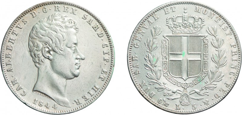 SAVOIA. CARLO ALBERTO (1831-1849). 5 LIRE 1844
Genova. Argento, 24,91 gr, 37 mm...