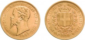 SAVOIA. VITTORIO EMANUELE II (1849-1861). 10 LIRE 1857
Torino. Oro, 3,20 gr, 18 mm, migliore di BB, qSPL.
D: VICTORIVS EMMANVEL II D. G. REX SAR . C...