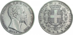SAVOIA. VITTORIO EMANUELE II (1849-1861). 5 LIRE 1854
Genova. Argento, 24,75 gr, 37 mm, colpetti abilmente riparati, MB. Rara.
D: VICTORIVS EMMANVEL...