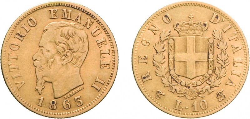 SAVOIA. VITTORIO EMANUELE II (1861-1878). 10 LIRE 1863
Torino. Oro, 3,15 gr, 18...