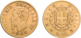 SAVOIA. VITTORIO EMANUELE II (1861-1878). 10 LIRE 1863
Torino. Oro, 3,15 gr, 18 mm, qBB.
D: VITTORIO EMANUELE II Testa del Re a sinistra; sotto il c...