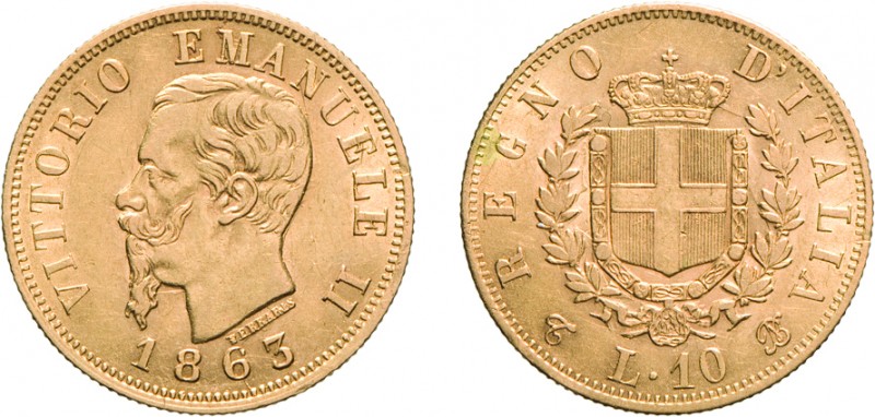 SAVOIA. VITTORIO EMANUELE II (1861-1878). 10 LIRE 1863
Torino. Oro, 3,16 gr, 18...